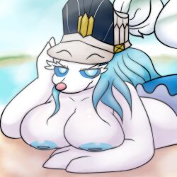 1girls anthro areolae beach big_breasts blue_eyes commission female female_only flofluffy1 generation_7_pokemon hat hi_res inverted_nipples looking_at_viewer lying lying_on_stomach narrowed_eyes nintendo pokemon pokemon_(species) primarina smiling smiling_at_viewer solo