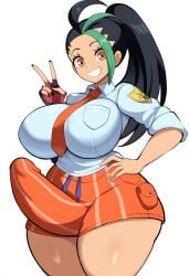 2024 2d ai_generated dark-skinned_female dark_skin erection erection_under_clothes female futa_only futanari huge_cock latex mullon nemona_(pokemon) novelai orange_eyes orange_shorts peace_sign png pokemon pokemon_sv smile