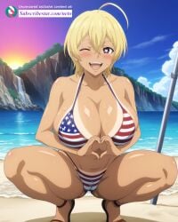 ai_generated american_flag_bikini beach bikini censored heart-shaped_pupils heart_symbol mito_ikumi neto_ai shokugeki_no_souma squatting