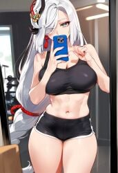 1girls ai_generated bangs bare_shoulders black_shorts black_sports_bra blue_eyes bra braid braided_ponytail breasts cellphone cleavage clothing crop_top curvaceous curvaceous_female curvaceous_figure curvy curvy_figure dolphin_shorts earrings female female female_focus fsm genshin_impact grey_hair gym_clothes hair_ornament hair_over_one_eye holding holding_object holding_phone indoors jewelry large_breasts long_hair looking_at_viewer midriff mirror navel phone ponytail reflection selfie shenhe_(genshin_impact) short_shorts shorts single_braid smartphone solo sports_bra sportswear standing stomach tassel thighs tied_hair underwear very_long_hair voluptuous voluptuous_female white_hair