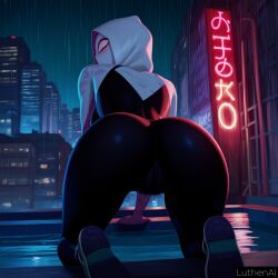 ai_generated big_ass cameltoe from_behind gwen_stacy luthenai marvel neon_sign raining rooftop spider-man:_into_the_spider-verse