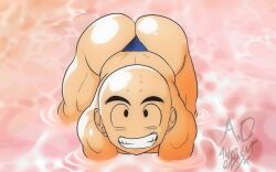 1boy ancient-onyx ancient_onyx ass bald beach bending_over big_ass big_butt butt dragon_ball dragon_ball_z fat_ass fat_butt huge_ass huge_butt in_water krillin kuririn looking_at_viewer looking_up looking_up_at_viewer male male_only shounen_jump skimpy_thong solo sunset thick_ass thick_butt thong thong_only topless water