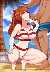 1boy 1girls asuka_langley_sohryu bare_belly bare_legs bare_shoulders beach bikini blowjob blowjob_face blowjob_only curvy curvy_female fellatio female flat_belly grabbing_penis hand_on_another's_head hand_on_head hand_on_leg hand_on_own_leg hourglass_figure legs_apart looking_at_partner male/female navel neon_genesis_evangelion oral oral_sex orange_hair penis penis_grab revolverwingstudios sand slim_waist squatting squatting_oral_position swimwear touching_penis wide_hips