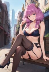 1female 1girls ai_generated aura_(sousou_no_frieren) big_breasts bra breasts city city_background cityscape female female_only hd hi_res highres panties park_bench pink_hair pink_hair_female solo solo_female sousou_no_frieren very_high_resolution