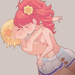 2girls aikatsu! blonde_hair blush braid breasts character_request closed_eyes dutch_angle female flower from_side grey_background hair_flower hair_ornament hug kissing kurebayashi_juri long_hair multiple_girls navel nipples pink_hair pleated_skirt profile red_hair shinjou_hinaki short_hair skirt small_breasts star_hair_ornament topless white_skirt yuri