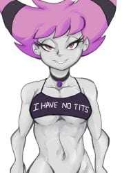 1girls breasts choker cleavage english_text grubberpix hair_horns jinx_(dc) pink_hair teen_titans text underboob