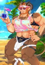 another_eidos_of_dragon_vein_r azmond_(another_eidos) balls bara beard bulge facial_hair flaccid goat_legs horns male male_focus male_only muscles muscular mythology penis satyr solo solo_male sunglasses tongue_out yonoduki