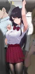 1girls absurdres armpits black_eyes black_hair black_pantyhose blurry blush bow bowtie breasts button_gap collared_shirt crowd depth_of_field diagonal-striped_bow diagonal-striped_bowtie diagonal-striped_clothes diagonal-striped_skirt female hand_grip highres komi-san_wa_komyushou_desu komi_shouko large_breasts long_hair miniskirt multiple_boys multiple_girls multiple_others one_eye_closed pantyhose red_bow red_bowtie red_skirt shirt short_sleeves sidelocks skirt solo_focus standing striped_clothes sweat swept_bangs takita takita_(takita3411) train_interior white_shirt