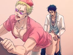 2boys bent_over black_hair blonde_hair blue_eyes blush chest_tattoo crossdressing doctor donquixote_doflamingo facial_hair from_behind gay goatee hands_on_ass height_difference implied_anal kizna labcoat looking_back looking_over_eyewear looking_over_glasses looking_over_sunglasses male male_only mosaic_censoring nurse nurse_cap nurse_uniform one_piece open_mouth pants_down penis pink-tinted_eyewear size_difference smile smirk stethoscope sunglasses tattoo tattoos thighhighs tinted_eyewear tongue_out trafalgar_law white_legwear white_thighhighs yaoi