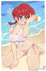 1girls bare_arms bare_legs bare_shoulders bare_thighs beach big_breasts bikini bikini_bottom bikini_top blue_eyes blush clothed clothing color female female_focus female_only hi_res ice_cream kajinman large_breasts licking light-skinned_female light_skin looking_at_viewer ranma-chan ranma_1/2 ranma_saotome red_hair sand sea short_hair solo solo_female tagme thick_thighs water