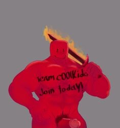 2d beefy c00lkidd english_text fire gay grey_background hand_on_hip holding_sword holding_weapon male male_only man.let.ermm muscular muscular_male nippleless nippleless_male no_nipples pink_tip pubes pubic_hair red_body red_penis red_pubes roblox roblox_avatar roblox_hacker robloxian sword sword_in_hand text text_on_body