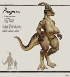 anthro areolae bigger_female breasts crest dinosaur female hi_res nipples pangaea_(upai) parasaurolophus portrait prehistoric_species size_comparison size_difference smaller_male species_encyclopedia_(upai) stated_age stated_height tail upai