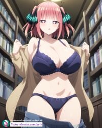 ai_generated go-toubun_no_hanayome heart-shaped_pupils hypnosis library mind_control nakano_nino neto_ai saliva undressing