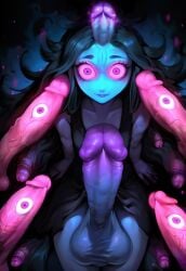 1futa ai ai_generated balls blue_skin creepy eyes_on_penis futanari generated genitalia magic penis penis_hair penis_horn pink_eyes stable_diffusion surrounded_by_penises unusual_anatomy unusual_genitalia unusual_penis unusual_penis_placement