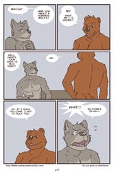 anthro artdecade bear bed bedroom big_muscles canine comic english_text erection gay grizzly_bear male male/male male_only mammal muscles penis text uncut what wolf yaoi