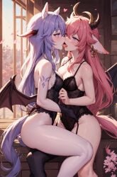 2girls ai_generated animal_ears bangs bare_arms bare_legs bare_shoulders black_legwear black_panties blue_hair blush bra breasts cleavage collarbone cross_earrings earrings eyebrows_visible_through_hair fox_girl french_kiss ganyu_(genshin_impact) garter_belt genshin_impact goat_girl hair_between_eyes heart heart-shaped_pupils holding_hands horns horse_ears horse_girl horse_tail indoors jewelry kemonomimi kiss large_breasts lesbians lingerie long_hair medium_breasts missing_horn multiple_girls navel panties petals pink_hair purple_eyes saliva saliva_trail sitting standing succubus symbol-shaped_pupils tail tattoo thighhighs thighs tongue tongue_out underwear underwear_only vampire very_long_hair window wings wooden_floor yae_miko yuri