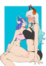 2girls bare_arms bare_legs bare_shoulders bare_thighs big_breasts bikini bikini_bottom bikini_top blush clothed clothing color female female_focus female_only femdom hi_res horns large_breasts light-skinned_female light_skin long_hair mask multicolored_hair multiple_girls ngo_102341 one_piece pink_eyes shounen_jump tagme thick_thighs ulti_(one_piece) white_hair yamato_(one_piece) yuri