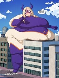 1girls background_characters belly belly_button belly_expansion belly_inflation belly_overhang better_with_salt blonde_female blonde_hair boku_no_hero_academia building building_damage building_destruction fat fat_ass fat_legs fat_woman giant_ass giant_breasts giant_thighs giantess giantess_growth hero_outfit_(mha) huge_ass huge_belly huge_breasts huge_thighs morbidly_obese morbidly_obese_female mount_lady my_hero_academia obese obese_female orange_eyes property_damage squeezing squeezing_breasts squeezing_butt squish squishing_ass superheroine talking talking_to_self text text_bubble