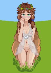 1girls breasts brown_hair dress feet female flower_crown fluxfruit freckles green_eyes kneeling long_hair looking_at_viewer pixel_art pointy_ears pussy smile transparent_clothing