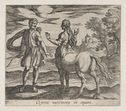 animal_genitalia animal_pussy antonio_tempesta beard bow_(weapon) building centaur clothed clothing duo equine equine_pussy equine_taur facial_hair female fine_art greek_mythology hair hi_res holding_object holding_weapon human landscape latin_text long_hair looking_at_another male mammal monochrome mythology ocyrhoe outside public_domain pussy ranged_weapon sepia sky standing taur text traditional_media_(artwork) tree tunic weapon