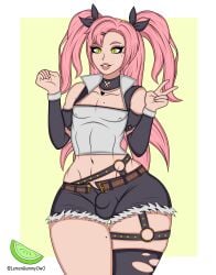 1boy bulge clothed clothing femboy femboy_only fur-trimmed_shorts gay genderswap genderswap_(ftm) lemongummyowo male male_only nicole_demara pink_hair seductive standing thick_thighs zenless_zone_zero