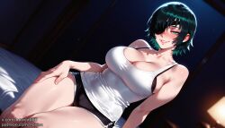 1girls ai_generated black_bra black_shorts bra_peek bra_strap chainsaw_man dolphin_shorts eye_patch female female_only green_eyes green_hair hand_on_own_thigh hand_on_thigh head_tilt himeno_(chainsaw_man) looking_at_viewer noxiea on_bed sitting tank_top white_shirt