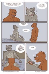 anthro artdecade bear bed bedroom big_muscles canine comic english_text erection gay grizzly_bear inside male male/male male_only mammal muscles on_bed penis text uncut what wolf yaoi