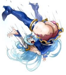 1girls aqua_(konosuba) blue_hair boots clothed_female female female_only huge_ass kono_subarashii_sekai_ni_bakuen_wo! long_hair no_panties screaming skirt solo tagme thegoldensmurf thick_thighs