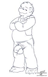 1boy anthro balls barefoot bear berenstain_bears chubby crossed_arms dripping flaccid looking_at_viewer male male_only mammal monochrome overalls papa_bear penis penis_through_fly poking_out precum signature smile solo standing uncut wolfblade