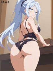 ai_generated ass_focus blue_eyes blue_hair faiart female lingerie looking_back sylpha_langlis tensei_shitara_dai_nana_ouji_dattanode,_kimamani_majutsu_o_kiwamemasu