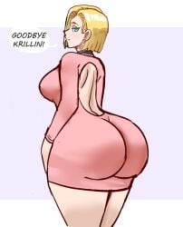 ! 1girl android android_18 android_girl ass ass_focus back back_view big_ass big_breasts black_choker blackedpawg18 blonde_female blonde_hair blonde_hair_female choker dat_ass dragon_ball dragon_ball_super dragon_ball_z dress dress_only earring earrings english english_text eyelashes fat_ass female female_focus female_only gold_earring gold_earrings huge_ass husband husband_and_wife krillin kuririn large_ass looking_at_viewer looking_back looking_back_at_viewer male male_pov medium_hair milf mother pink_dress pov pov_male purple_background short_dress sideboob smile speech_bubble text text_bubble thick thick_ass thick_thighs unseen_male unseen_male_face white_background wife