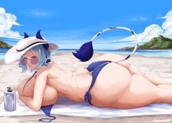 animal_ears beach bikini blue_eyes blue_hair chubby cow_girl female futaro goddess horns huge_ass huge_breasts indie_virtual_youtuber laying_down looking_at_viewer miilkywayz solo sunbathing thick_thighs virtual_youtuber