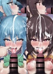 1boy 2girls after_fellatio after_oral after_sex aqua_(konosuba) big_penis censored covered_in_cum cum cum_drip cum_from_mouth cum_in_mouth cum_inside cum_leaking cum_on_body cum_on_breasts cum_on_face cum_on_hair cum_overflow cumshot cumshot_in_mouth dark-skinned_male dark_skin ejaculation erect_penis erection excessive_cum first_person_view gokkun hiiro_h huge_cock kono_subarashii_sekai_ni_shukufuku_wo! large_penis light-skinned_female light_skin male megumin nude nude_female nude_male open_mouth penis pubic_hair swallowing swallowing_cum thick_cum tongue tongue_out veiny_penis