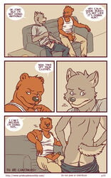 anthro artdecade ass back bear big_muscles canine clothed clothing comic duo english_text erection gay grizzly_bear male male/male male_only mammal masturbation muscles pants pants_down penis rear_view sitting sofa standing text uncut undressing what wolf yaoi