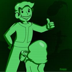 animated bottomless clothed_male_nude_female fallout fellatio female fleppyflepster gesture looking_at_viewer male oral penis_grab smile thumbs_up vault_boy