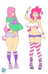 2girls arm_up arms_under_breasts bare_belly bare_shoulders bare_thighs belly_button belt big_breasts blue_eyes bra bracelet bracelets crop_top crop_top_overhang curvy curvy_female earrings flat_belly fluttershy_(mlp) friendship_is_magic green_eyes hands_under_breasts high_heels hoop_earrings hourglass_figure humanized jean_shorts large_breasts long_hair long_legs looking_at_viewer micro_shorts midriff mini_short my_little_pony nipple_bulge open_mouth pink_hair pinkie_pie_(mlp) pornomagnum shirt shoes short_shorts shorts shortshorts slim_waist smile socks standing stockings straight_hair striped_bra underboob