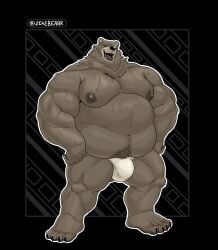 2024 anthro bear belly ben_bigger biceps black_background brown_body brown_fur bulge closed_eyes clothing eye_scar facial_scar fur hi_res male male_only mammal mihoyo moobs musclegut muscular nipples overweight overweight_male scar signature simple_background smile solo solo_male swear underwear white_clothing white_underwear zekebearr zenless_zone_zero