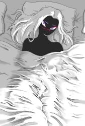 1girls alien alien_girl bed bedsheets blue_eyebrows duck_dodgers gps-device long_hair looking_at_viewer no_mouth pillow queen_tyr'ahnee warner_brothers white_hair