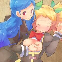 2girls aikatsu! blonde_hair blue_hair blush breast_grab breasts closed_eyes hair_ornament hair_ribbon kazesawa_sora long_hair looking_at_another multiple_girls nipples open_clothes open_mouth open_shirt red_eyes ribbon saegusa_kii shirt sleep_molestation sleeping smile tied_hair twintails