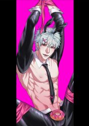 alternate_costume arms_up bondage bunny_boy bunny_ears detached_collar donut gintama gintoki_sakata heart-shaped_pupils looking_at_viewer male male_only muscular muscular_male necktie nipples oobaii open_pants pale-skinned_male pale_skin pecs pink_background rabbit_hole_(vocaloid) red_eyes restrained reverse_bunnysuit ribbon ribbon_bondage smile solo white_hair