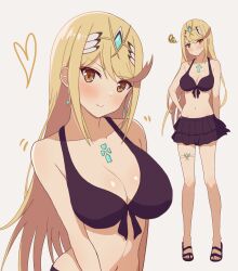 1girls absurd_res alternate_costume bare_shoulders big_breasts bikini black_bikini blonde_hair blush chest_jewel commentary_request core_crystal full_body hand_on_own_hip headpiece high_res long_hair looking_at_viewer mythra navel nintendo sandals standing swept_bangs swimsuit thigh_strap tiara very_long_hair white_background xenoblade_(series) xenoblade_chronicles_2 yellow_eyes yoshikirino