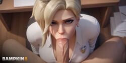 ai_generated bampkin8 blowjob blue_eyes looking_at_viewer mercy overwatch overwatch_2 penis_in_mouth pov