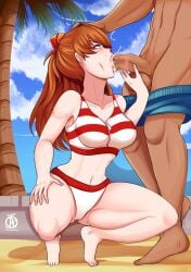 1boy 1girls asuka_langley_sohryu bare_belly bare_legs bare_shoulders beach bikini blowjob blowjob_face blowjob_only cum cum_in_mouth curvy curvy_female fellatio female flat_belly grabbing_penis hand_on_another's_head hand_on_head hand_on_leg hand_on_own_leg hourglass_figure legs_apart looking_at_partner male/female navel neon_genesis_evangelion oral oral_sex orange_hair penis penis_grab revolverwingstudios sand slim_waist squatting squatting_oral_position swimwear touching_penis wide_hips