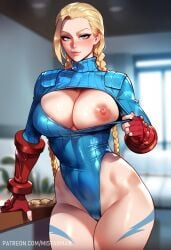 1girls ai_generated bare_breasts bare_legs bare_thighs big_breasts blonde_hair blue_eyes blush cammy_white capcom clothed clothing color female female_focus female_only hi_res large_breasts light-skinned_female light_skin long_hair looking_at_viewer mistarman nipples scar solo solo_female street_fighter tagme thick_thighs