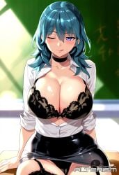 1girls ai_generated alterism bangs big_breasts black_bra black_panties bra breasts byleth_(fire_emblem) byleth_(fire_emblem)_(female) classroom female female_only fire_emblem fire_emblem:_three_houses hd hi_res high_resolution highres light-skinned_female light_skin looking_at_viewer nintendo one_eye_closed panties school short_hair short_hair_female sitting teacher very_high_resolution visible_panties wink winking_at_viewer