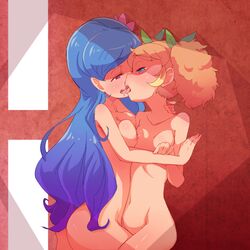 2girls aikatsu! blonde_hair blue_eyes blue_hair blush bow breasts female flower french_kiss hair_flower hair_ornament hairbow kazesawa_sora kissing long_hair multiple_girls nipples nude open_mouth red_eyes saegusa_kii saliva short_hair sweat tied_hair tongue twintails yuri