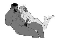 2boys amputee arm_up ass bara barret_wallace beard belly closed_mouth cloud_strife completely_nude cropped_legs curly_hair dark-skinned_male dark_skin erection eye_contact facial_hair final_fantasy final_fantasy_vii hand_in_another's_hair handjob highres interracial kaciart leg_hair looking_at_another male_focus male_pubic_hair missing_limb multiple_boys nipples nude pectorals penis pubic_hair short_hair simple_background smile spiked_hair white_background yaoi