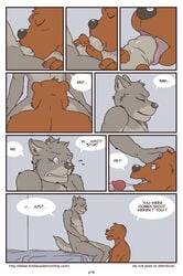 anthro artdecade bear bed bedroom big_muscles canine comic english_text erection gay grizzly_bear male male/male male_only mammal muscles penis retracted_foreskin text uncut what wolf yaoi