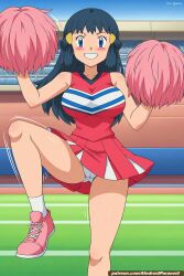 ai_generated aindroidparanoid big_breasts blue_eyes blue_hair breasts cheering cheerleader cheerleader_outfit cheerleader_uniform crown cute dawn_(pokemon) grass huge_breasts long_hair moving narrow_waist nipples outdoors outside panties pokemon pom_poms pussy skirt skirt_lift slim stable_diffusion stadium taller_girl wide_hips