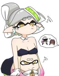 aiura_chan breasts_on_head cleavage frustrated hands_on_shoulders looking_up_at_breasts marie_(splatoon) medium_breasts pearl_(splatoon) resting_breasts splatoon sulking